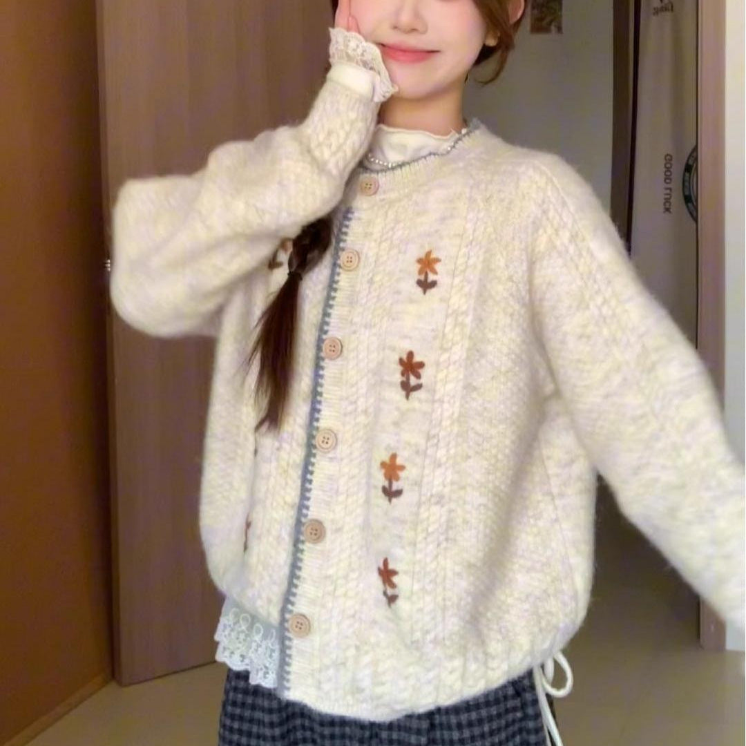 Japanese Style Soft Glutinous High-grade Round Neck Flower Knitted Cardigan Sweater Coat for Women