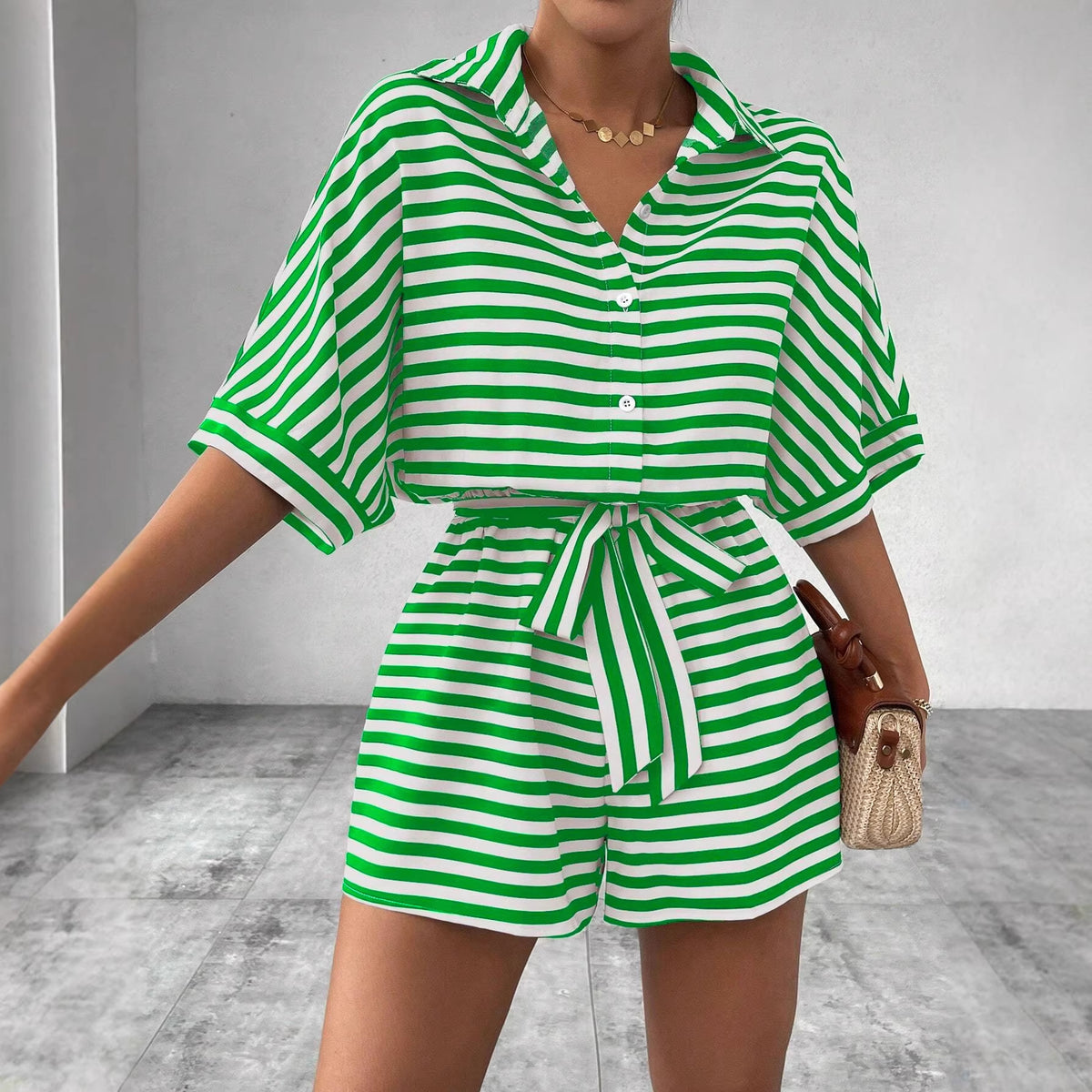 Women's Mid-Sleeve Color-Block Jumpsuit with Belt