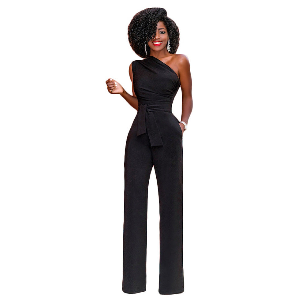 Elegant Slanted-Collar Wide-Leg Jumpsuit