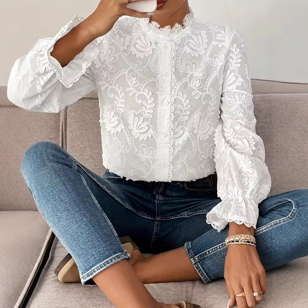 Elegant Embroidered Lace Blouse For Sophisticated Ladies In Spring And Autumn
