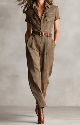 Vintage Plaid Lapel Short-sleeve Waist-cinched Utility Jumpsuit