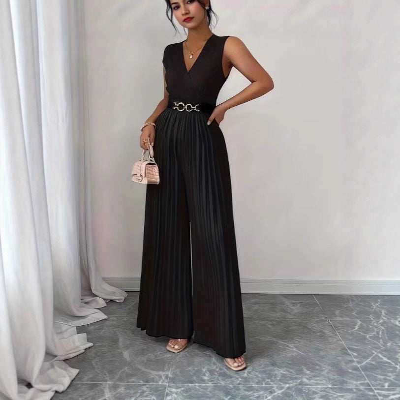 French-style Blazer-collar Jumpsuit Chic Solid-color V-neck