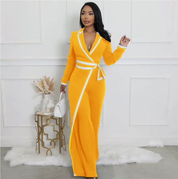 Fashion Belt Design Dual-color Patchwork Long Sleeve Jumpsuit