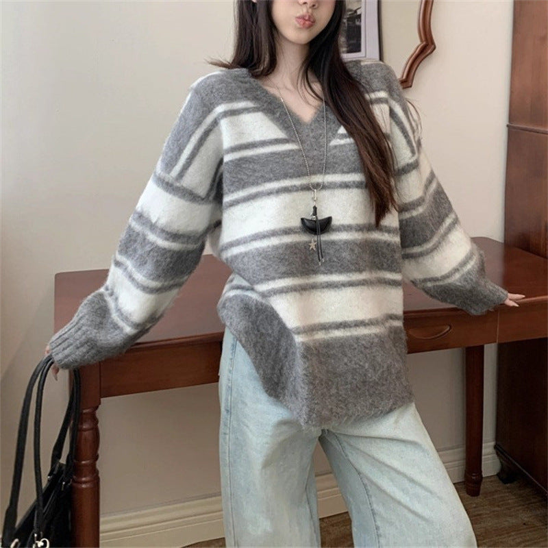 Korean Style Retro V-neck Striped Loose Sweater