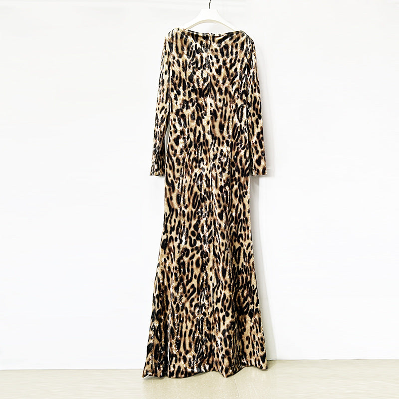 Leopard Print Velvet Long-Sleeve Maxi Evening Gown