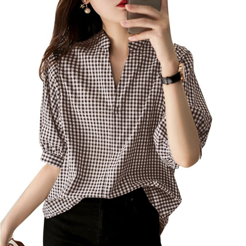 Loose Casual Half Sleeve Plaid Printed Shirt