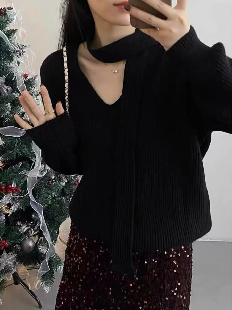 Womens Solid-color Loose V-neck Long-sleeve Sweater with Ribbons