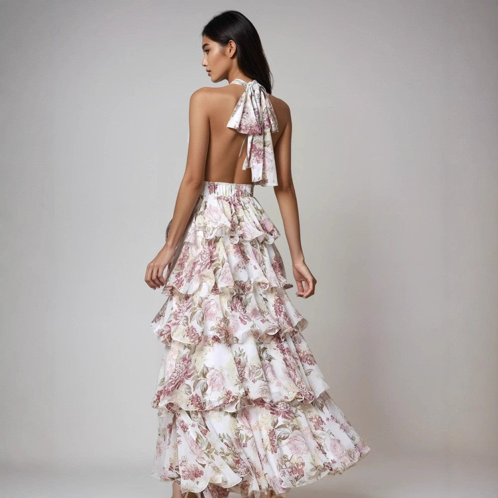 Womens V-neck Strap Multi-layer Printed Dress