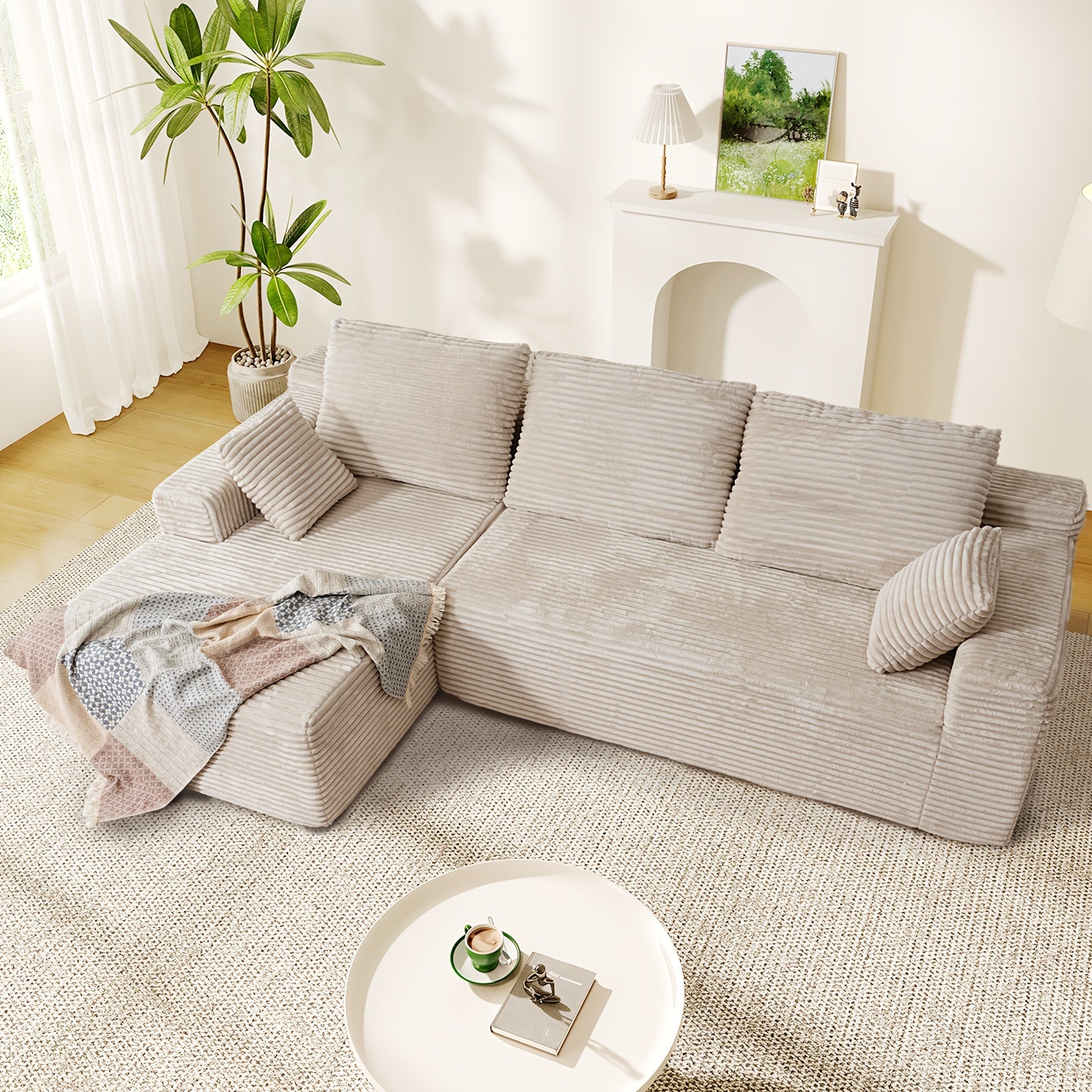 Modular L-shaped chaise longue sofa bed with deep seat and corduroy upholstery