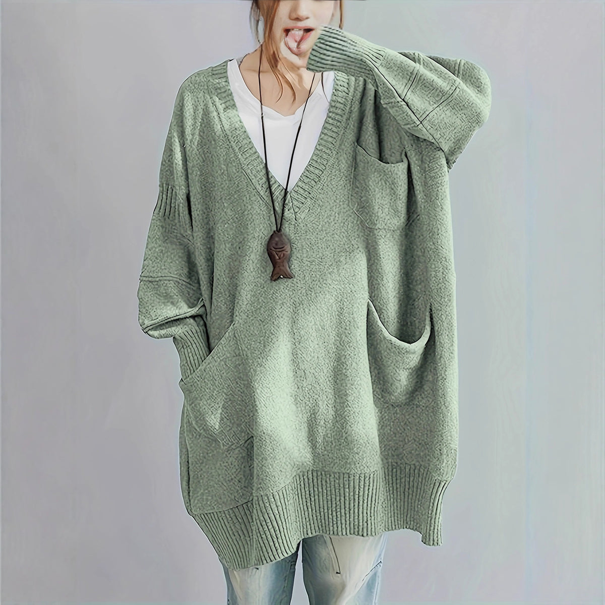 Loose-fitting V-neck Long Sleeves Outerwear Sweater