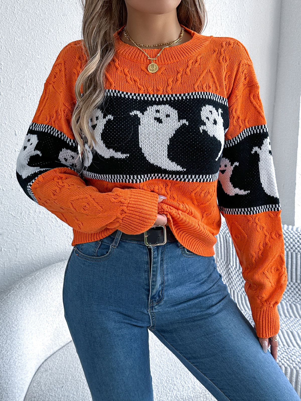 Women Ghost Color Block Long Sleeve Pullover Sweater