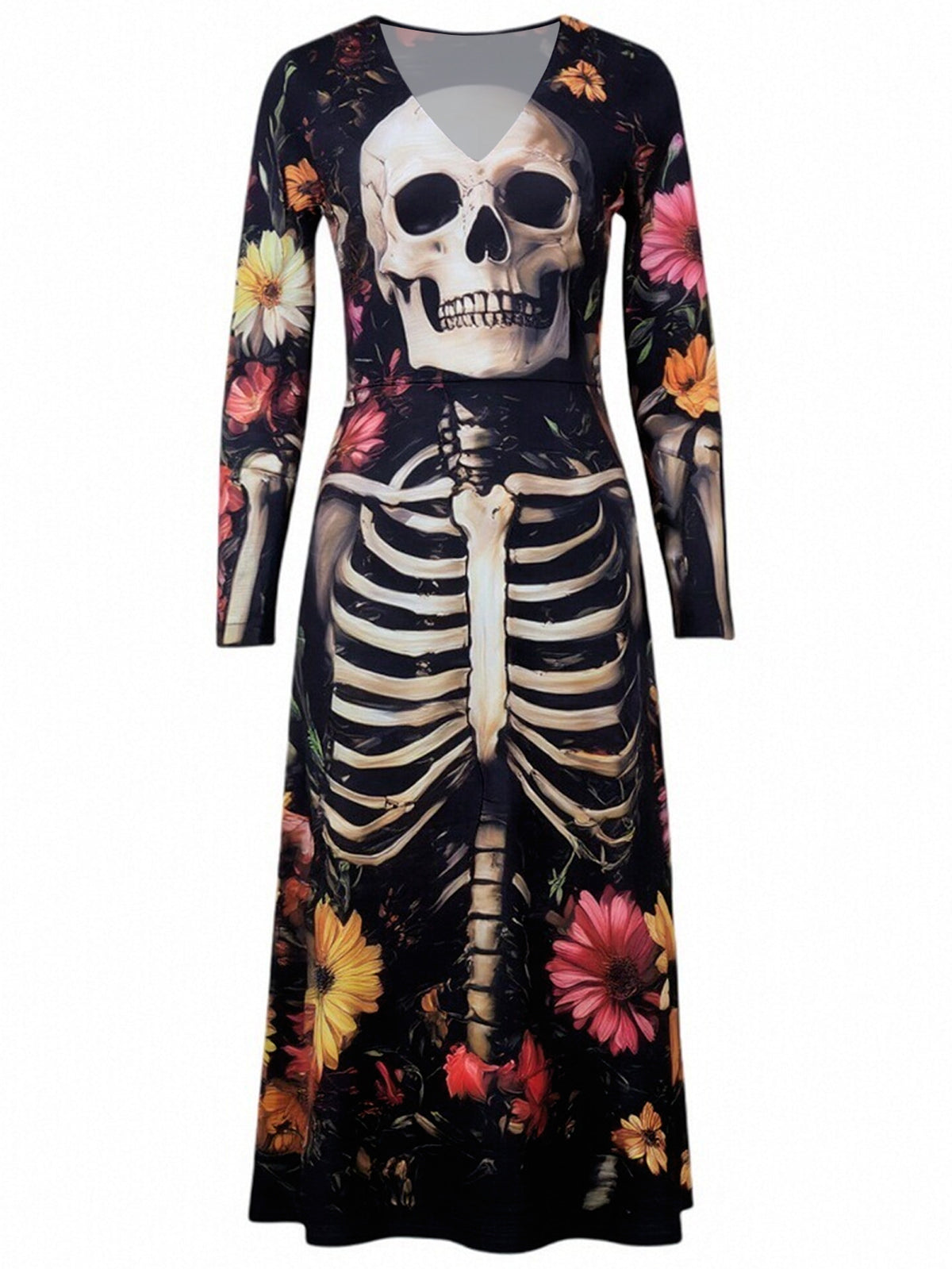 Women's Gothic Skull Print Witch Costume & Fantasy Party Dress