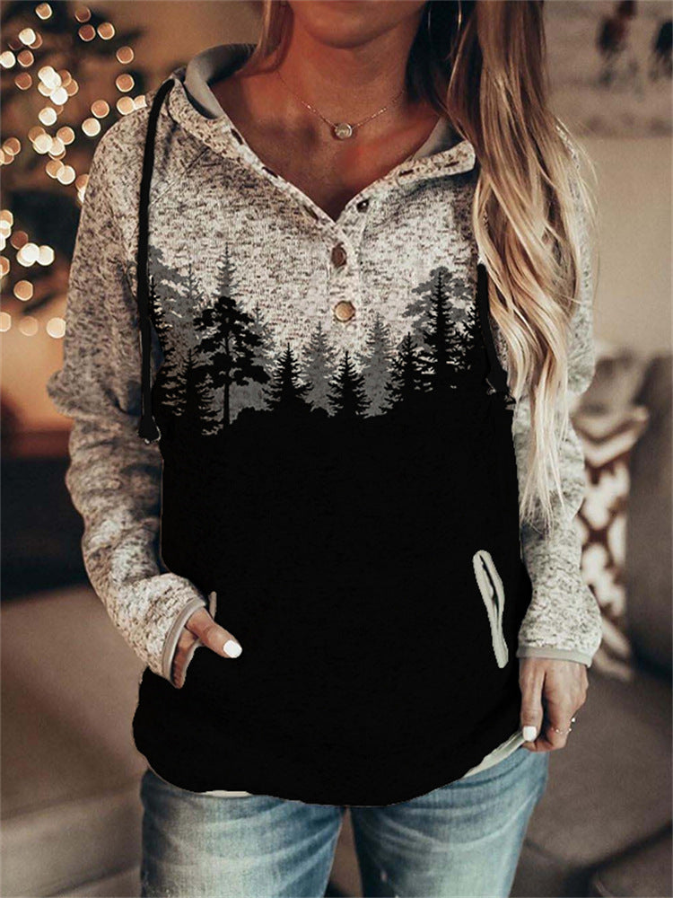 Retro Animal Nature Print Button Hoodie