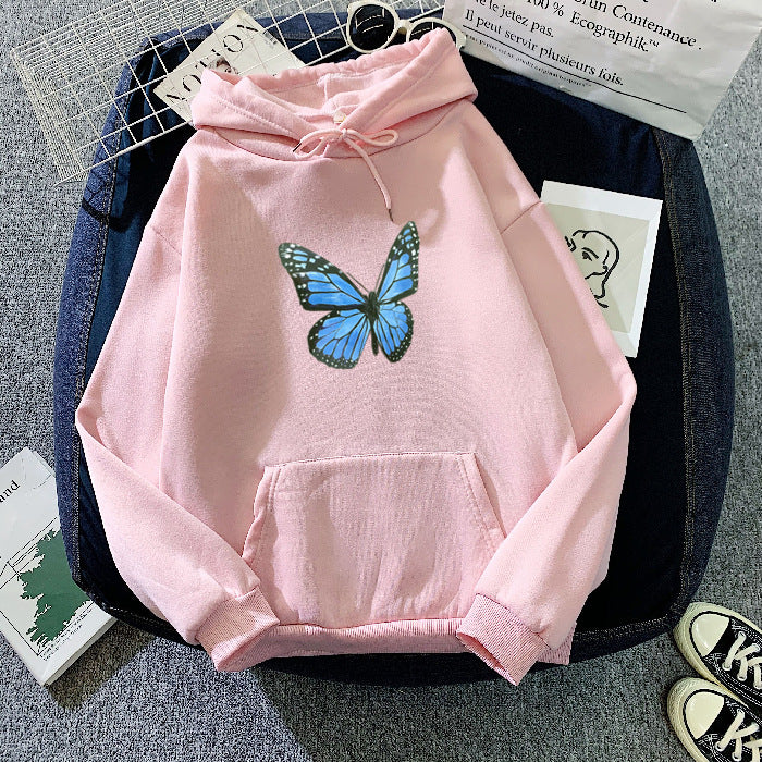 Cozy Fleece-Lined Butterfly Print Pullover Hoodie
