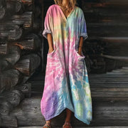 Pastel Rainbow Tie-dye Maxi Dress with Pockets