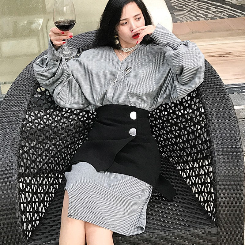 Women's Long Sleeve Two-piece Suit Set - Irregular Cut V-neck