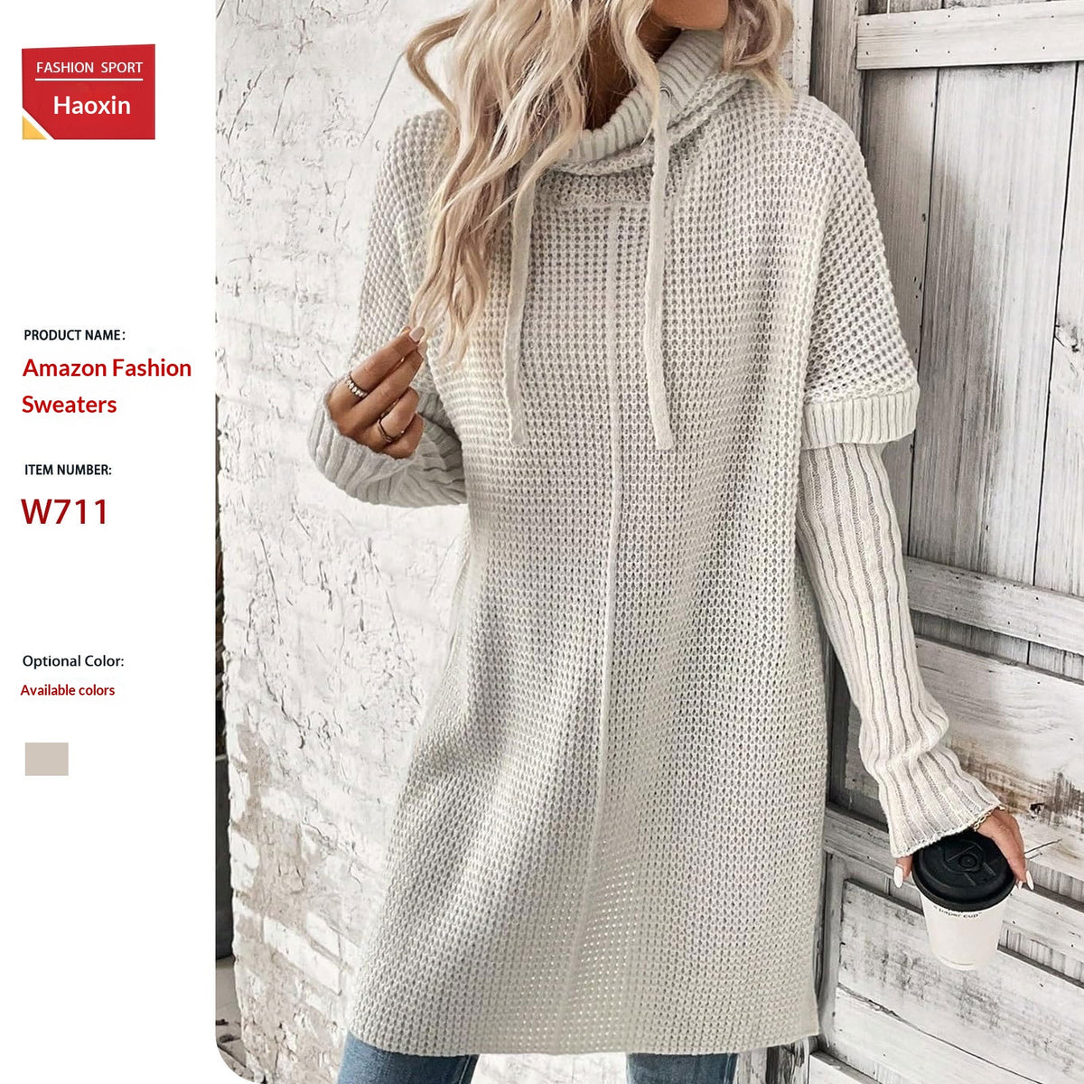 Sweater with Slits in the Sleeves and a Hooded Knitted Coat with a Slit Hem