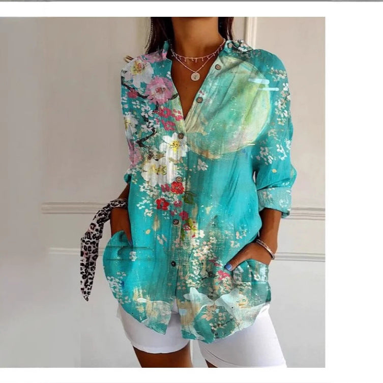 Women's 3D Digital Printing Fashion European And American Style Lapel Long Sleeve Shirt