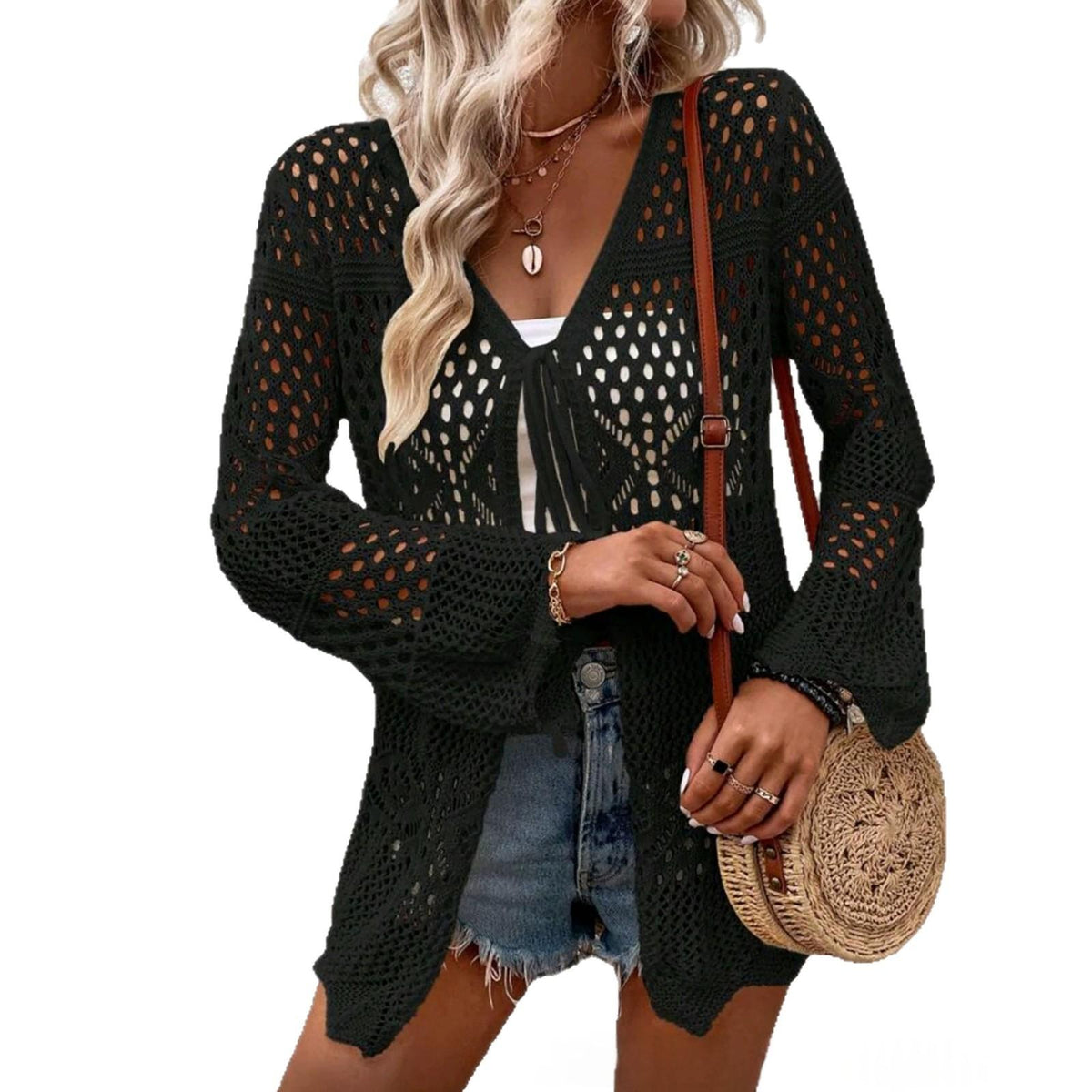 V-neck Long-sleeve Sun-protective Cover-up Beach Cardigan