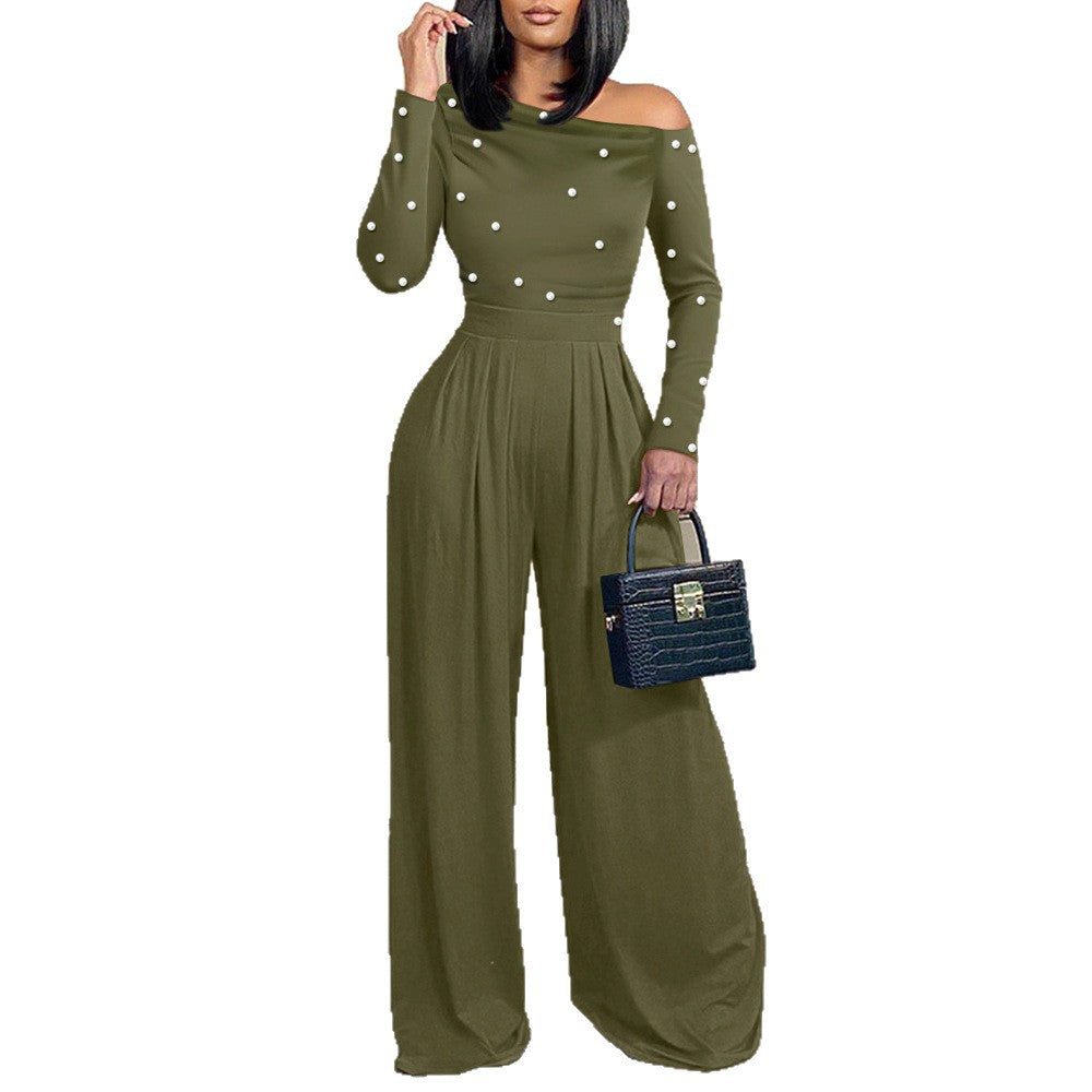 Elegant Off-Shoulder Bubble-Bead Wide-Leg Jumpsuit