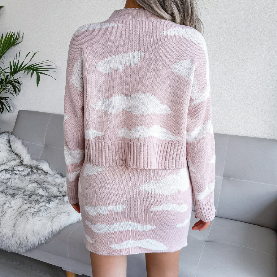 Women's Cloud Pattern Knitted Sweater and Pencil Skirt Set