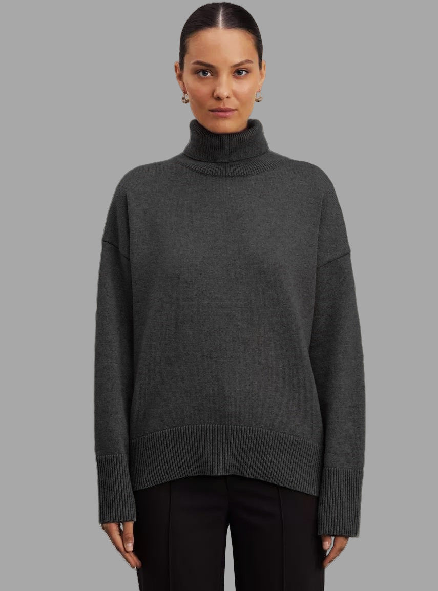 Women's Solid Color Pullover Knitted Sweater with High Neck
