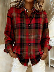Retro Plaid Casual Collar Button Loose Long-sleeved Shirt