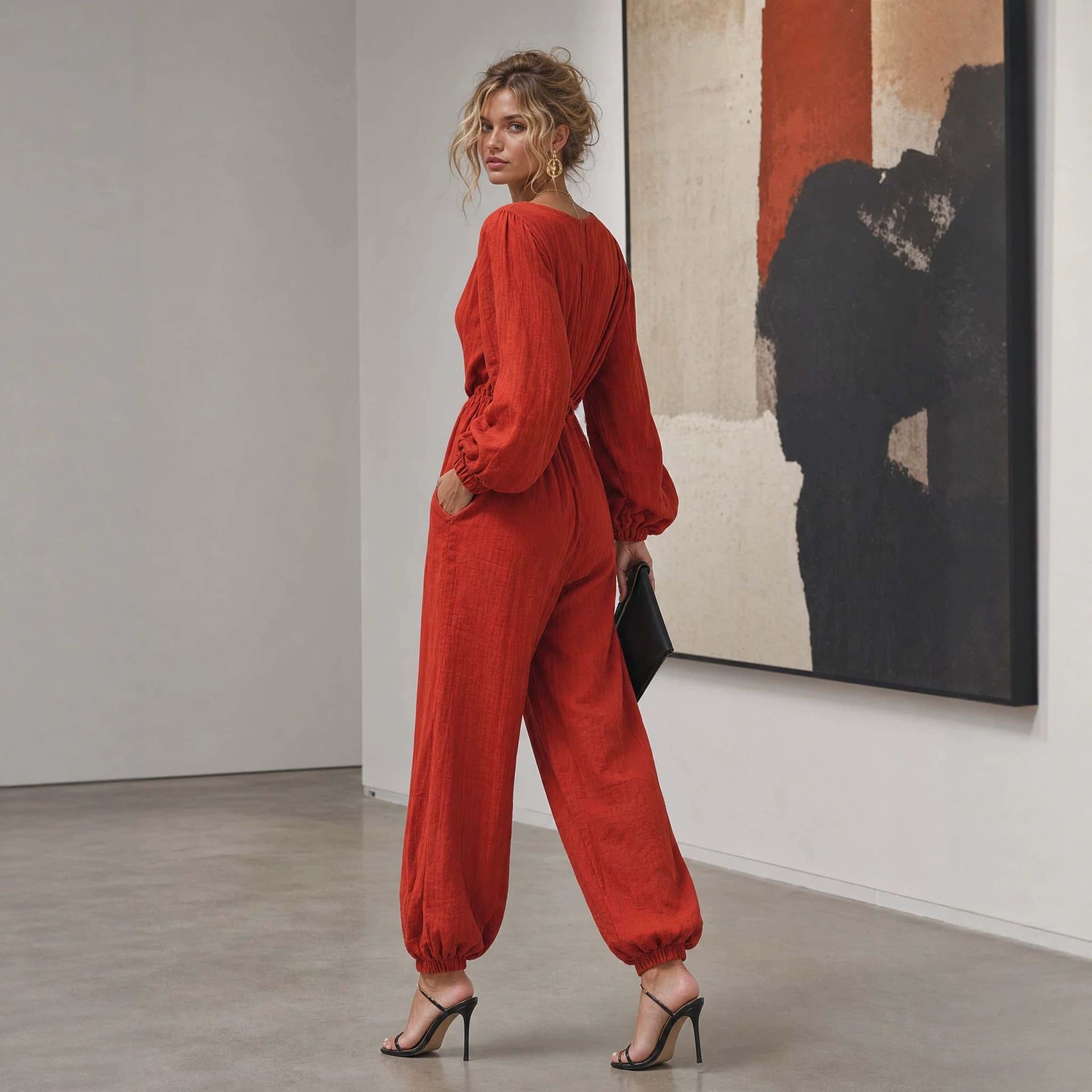 Elegant V-Neck Long-Sleeve Solid Zipper Jumpsuit