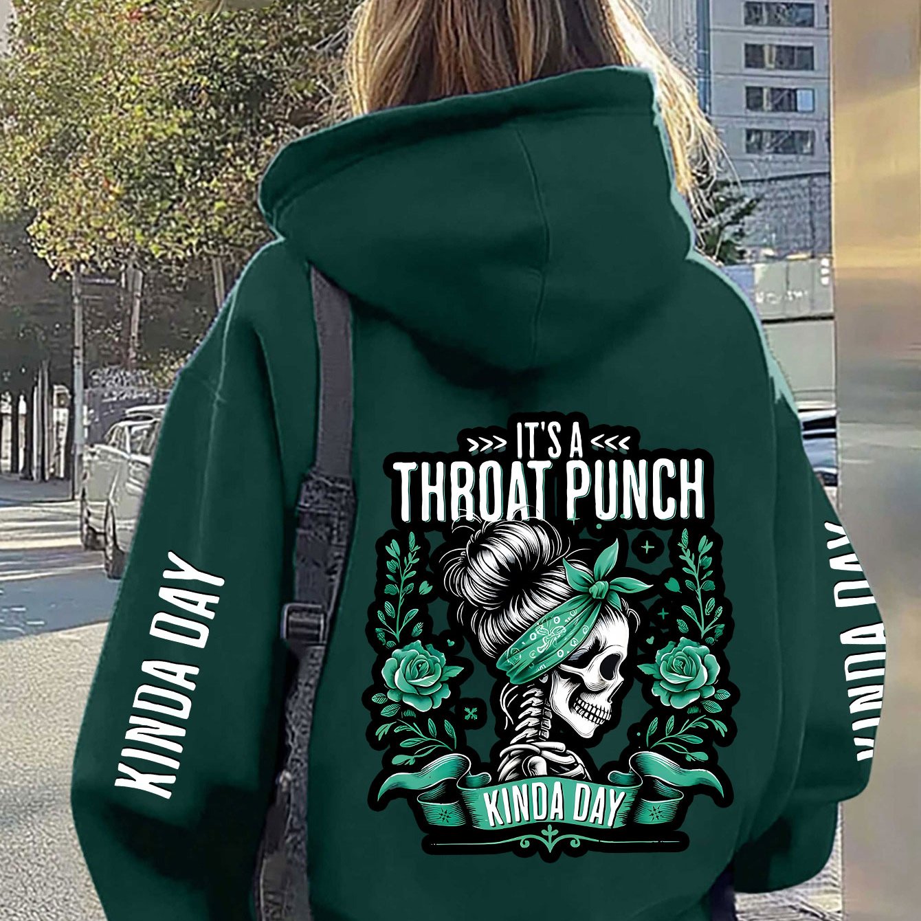 Large Hooded Sweatshirt with Green Rose Skull and American Retro Print