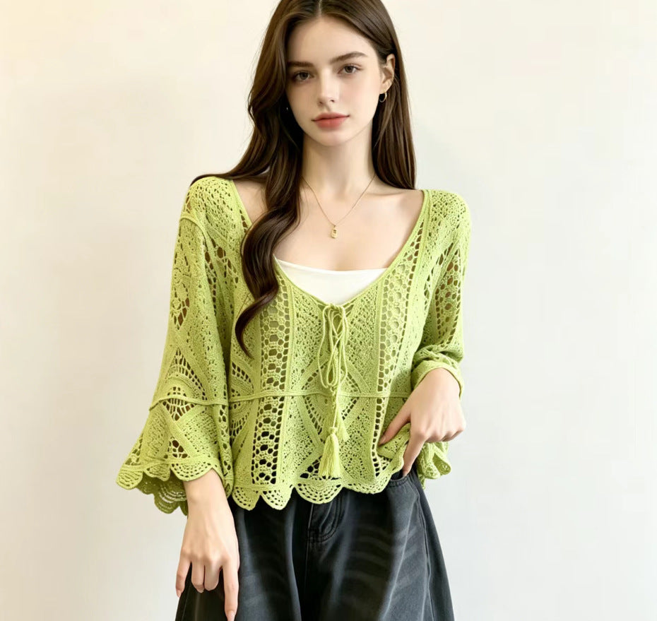 Bohemian Resort-style Crochet Hollow-out Knit Top Womens Solid-color Blouse