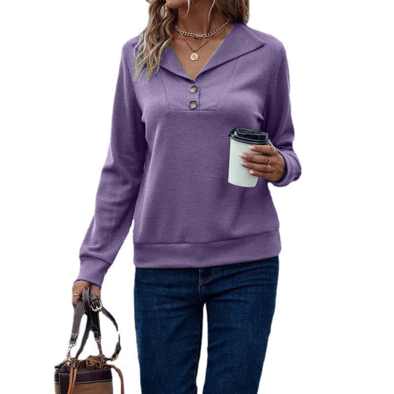Casual Women's Waffle Collar Solid Single Breasted Long Sleeve Women