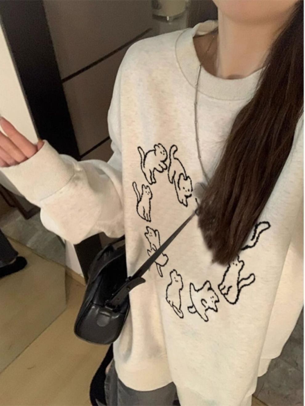 Cute Cat Print Casual Crew Neck Sweatshirt