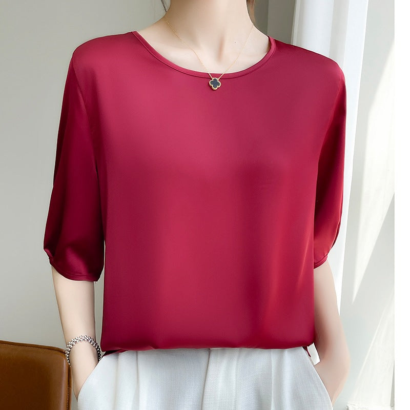 Women's Round Neck Mulberry Silk Loose Satin Cropped Ice Silk Short Sleeve T-shirt Top