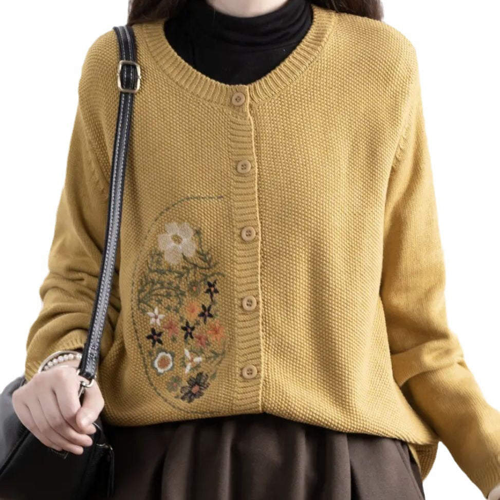 Chinese-style Corn-stitch Cotton Knit Cardigan Sweater for Women