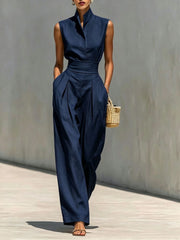 Chic Sleeveless Stand-Collar Top & Wide-Leg Jumpsuit