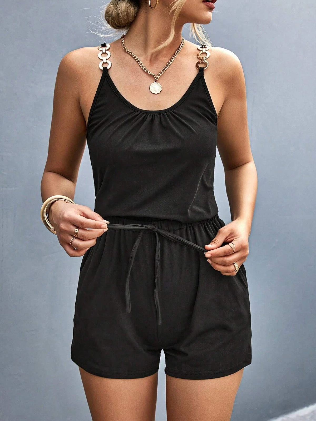Women's Chic Pleated Metal Strap Summer Jumpsuit