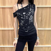Edgy Off-Shoulder Street-Style Tank Top – Bold Contrast Print