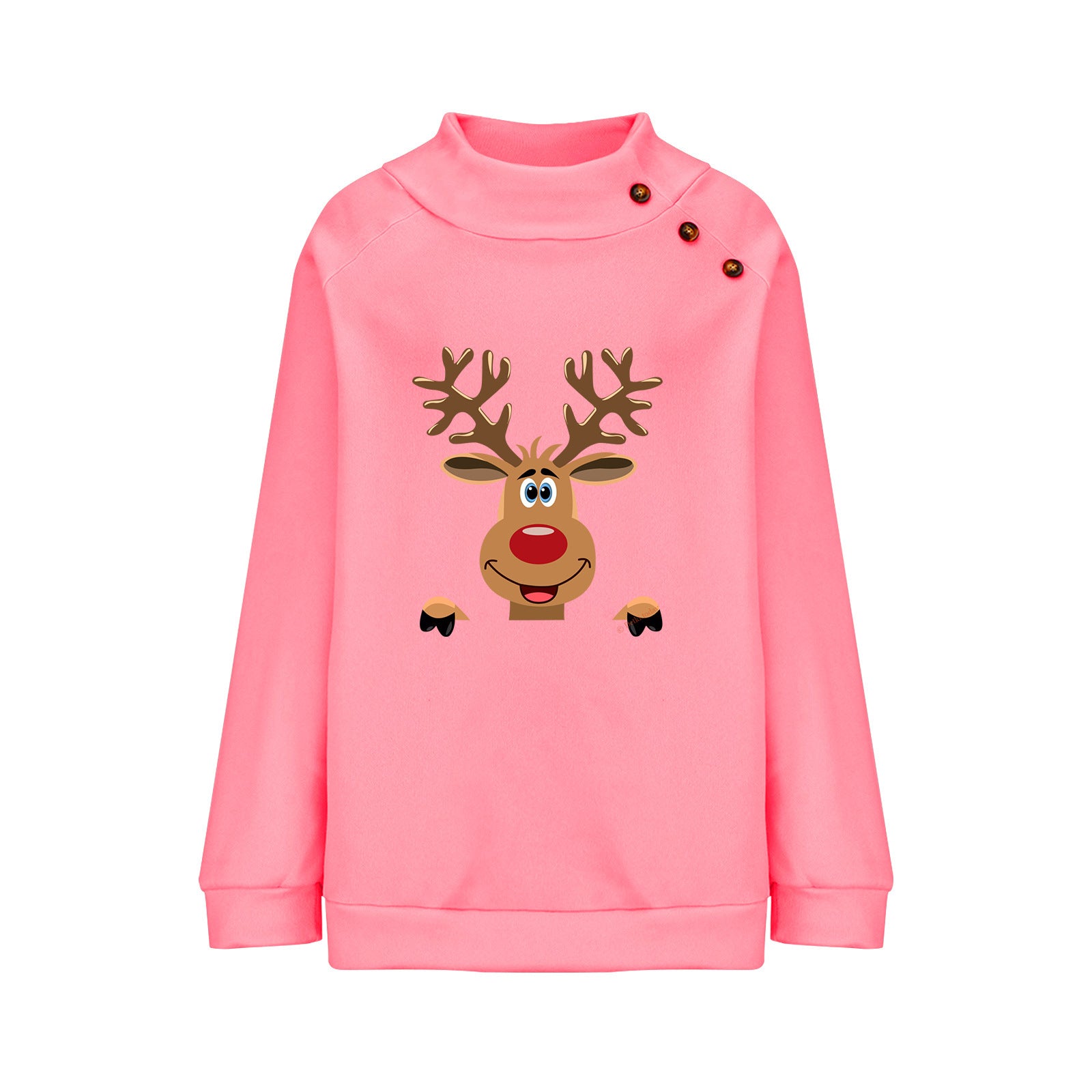 Deer Cartoon Turtleneck Buttons Loose Long Sleeve Sweatershirt Female