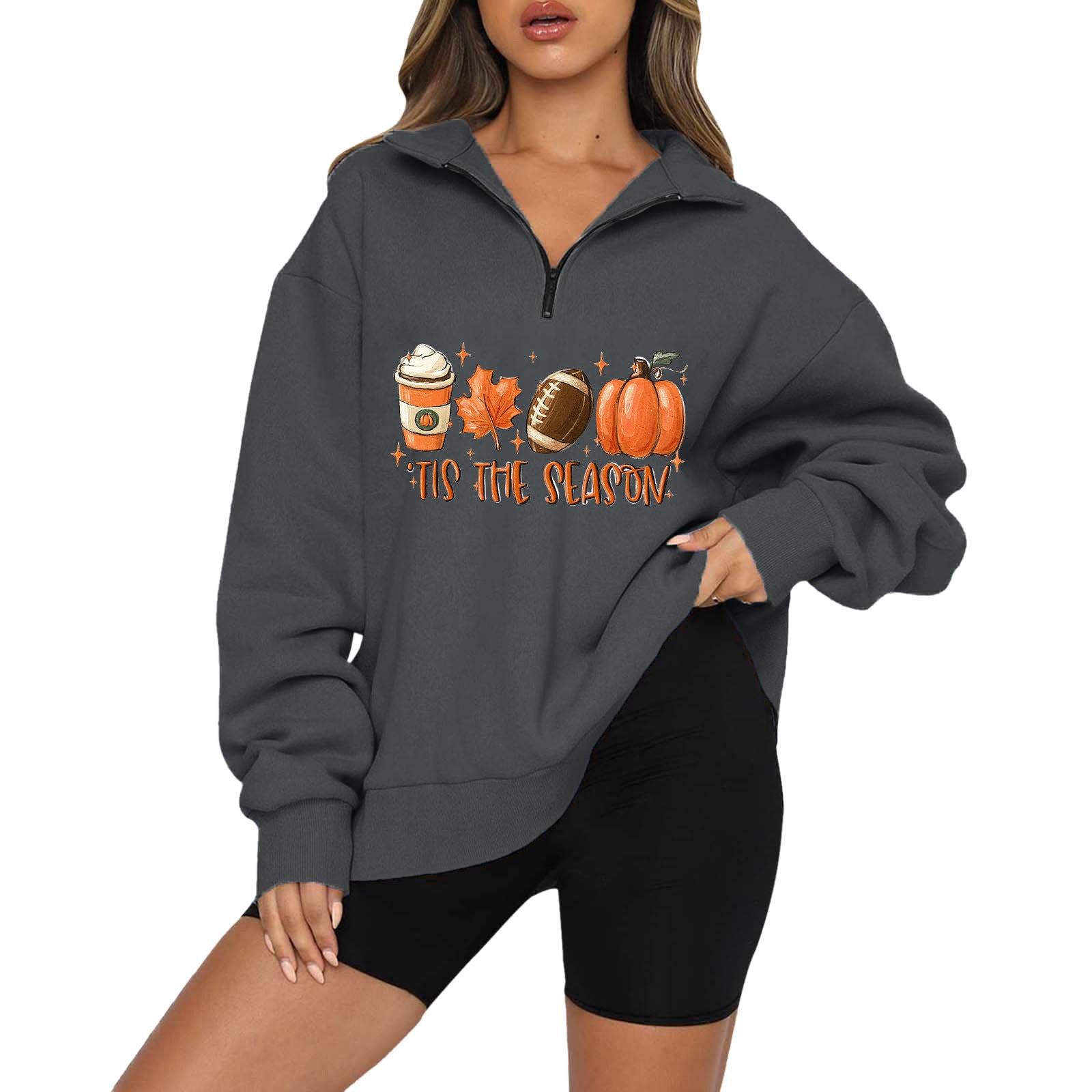 Halloween Pumpkin Print Casual Zipper Sweatshirt
