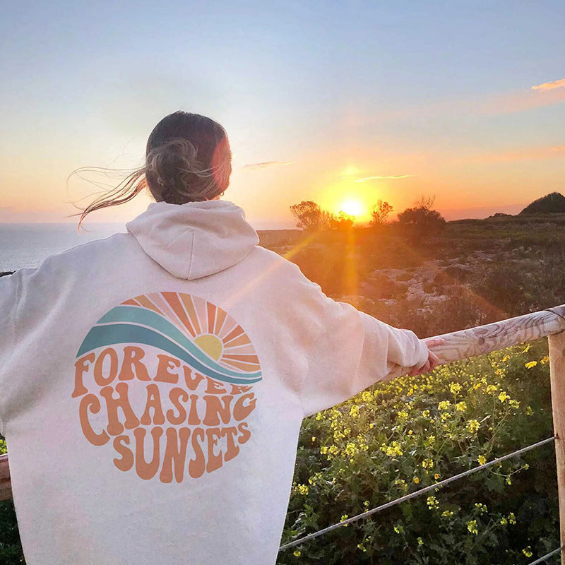 Sunset Print Fleece-Lined Kangaroo Pocket Hoodie