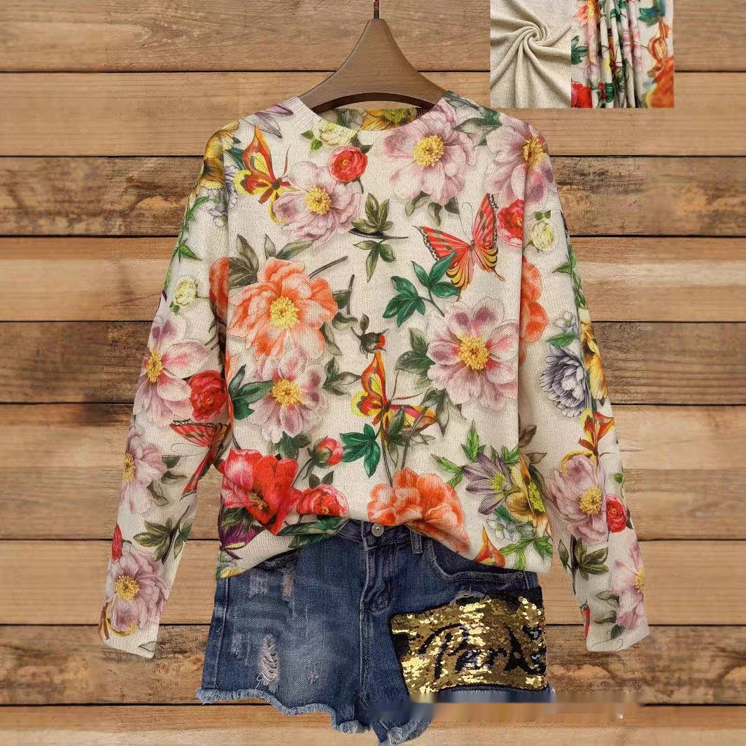 Chic Printed Long Sleeve Knitted Casual Top