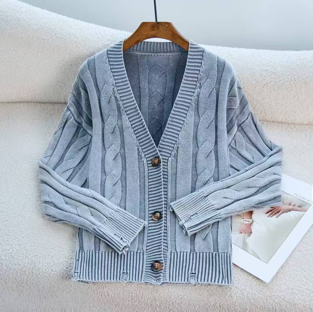 European and American Old Knitted Coat Women's Loose V-neck