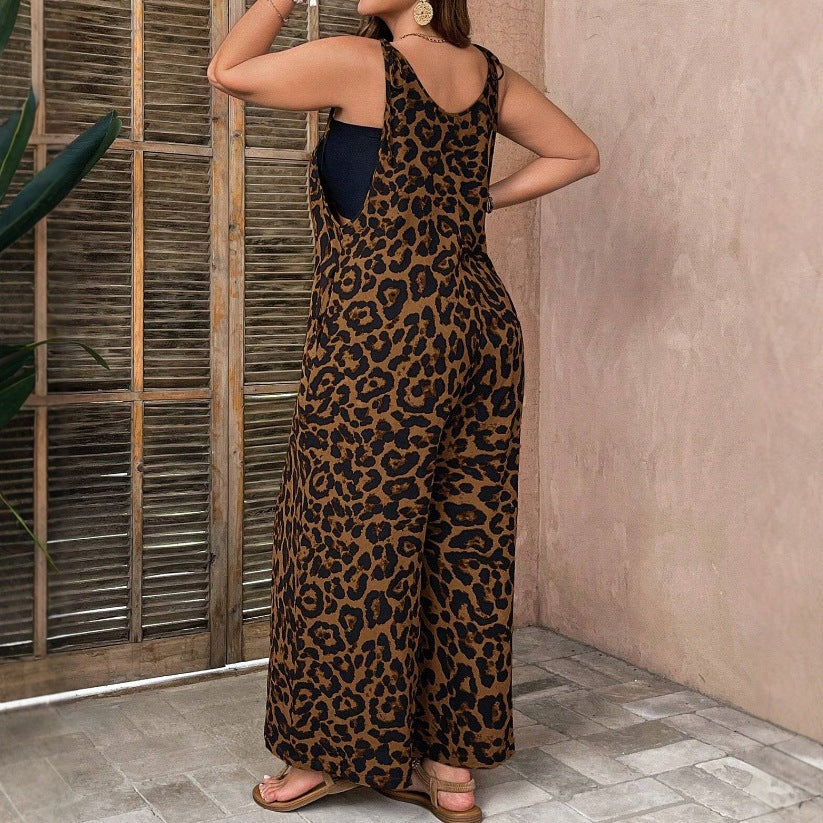 Leopard-print Strap Jumpsuit Plus-size Womens Clothing