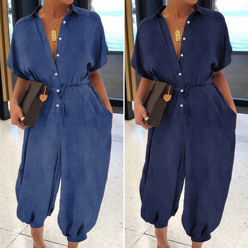 Plus Size Casual Short Sleeve Denim Jumpsuit