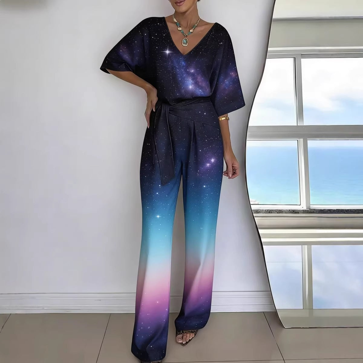 Chic V-Neck Belted Casual Jumpsuit