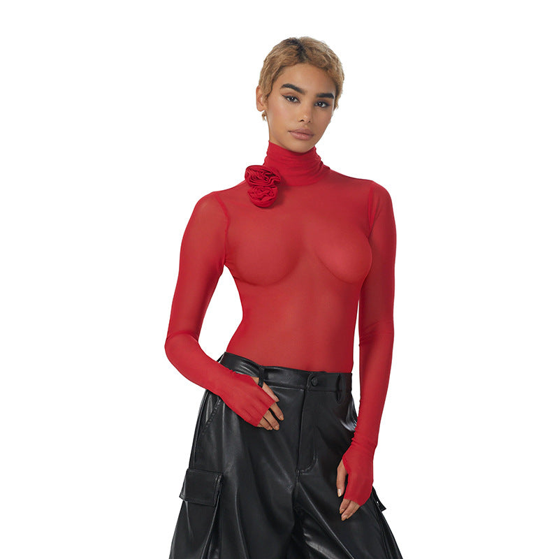 High Collar Long Sleeve Mesh Micro Transparent Flower Decorative Tights