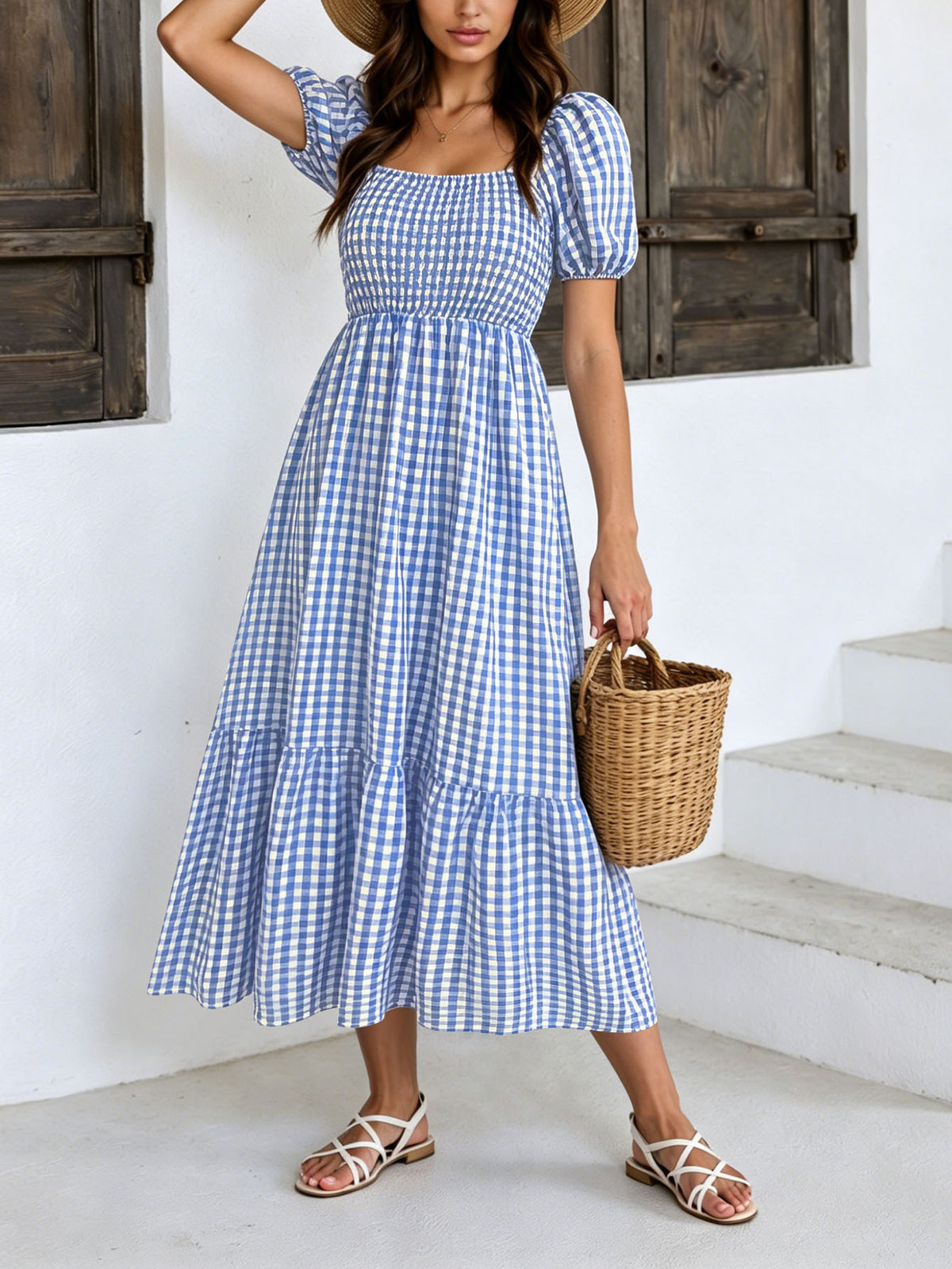 Retro Puff Sleeve Vichy Check Tiered Midi Dress