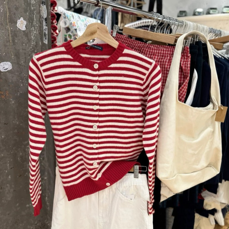 Korean-style Red Striped Knit Cardigan for Women in Autumn