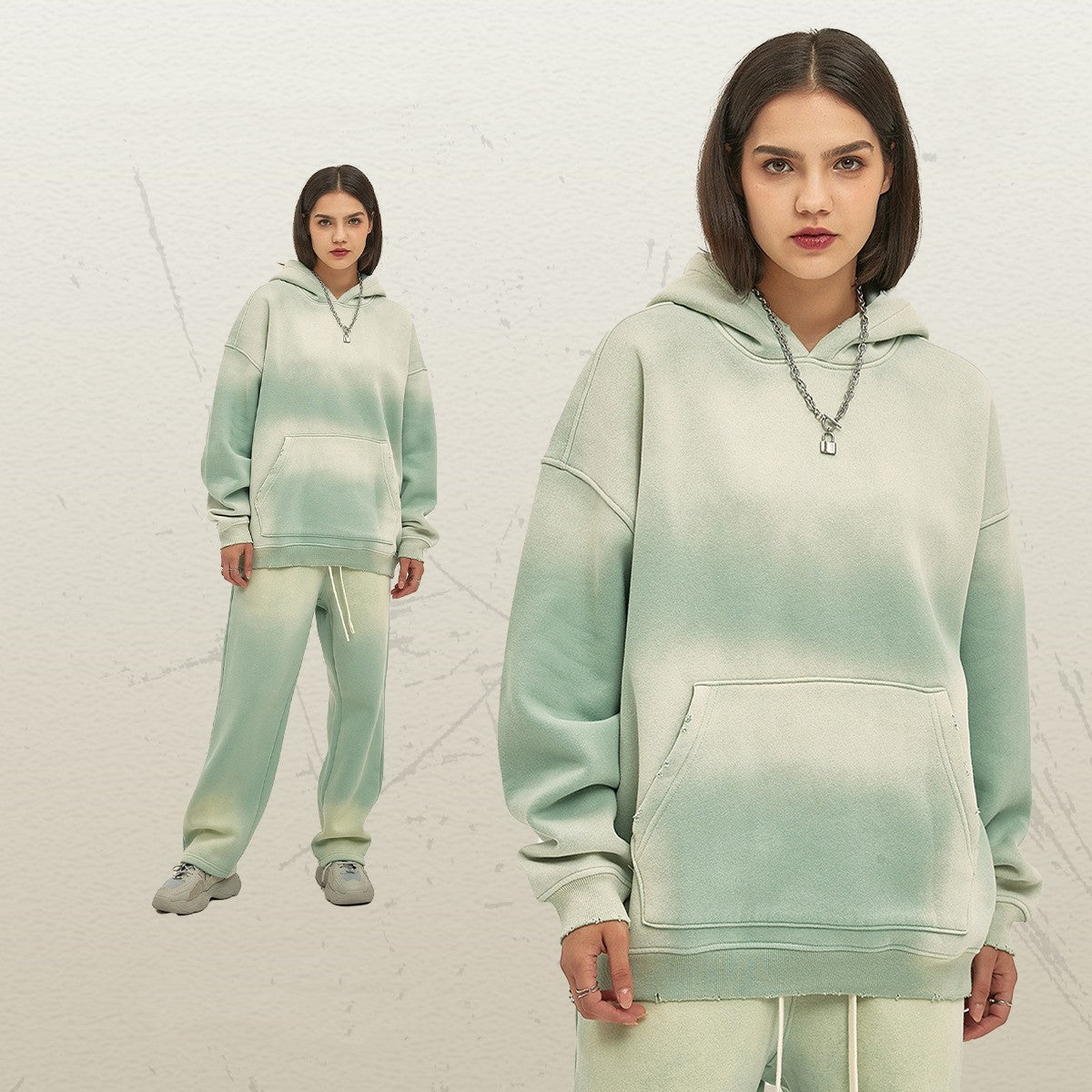 Distressed Fur-Lined Heavyweight Spray-Dyed Hoodie