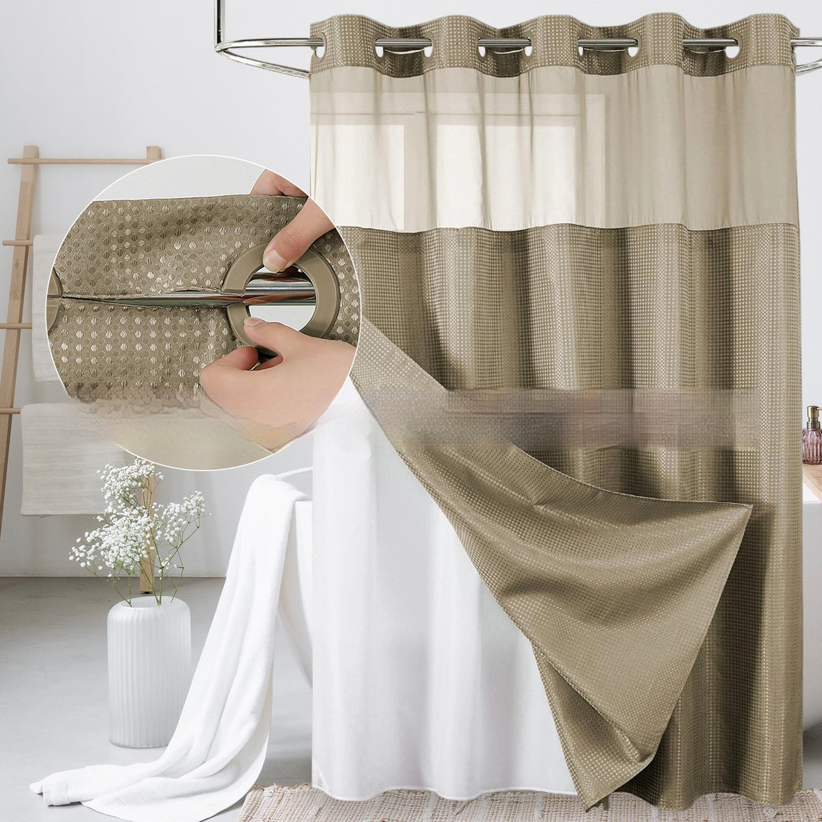 Solid-color Waffle-patterned Double-layer Large-loop-lined Shower Curtain
